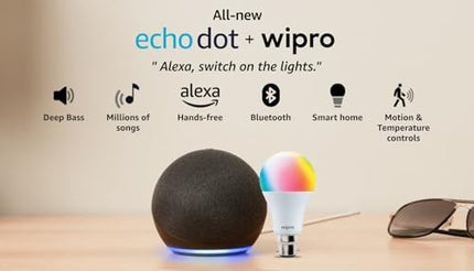 Amazon Echo Dot (5th Gen, Black) Combo with Wipro 9W LED Smart Color Bulb