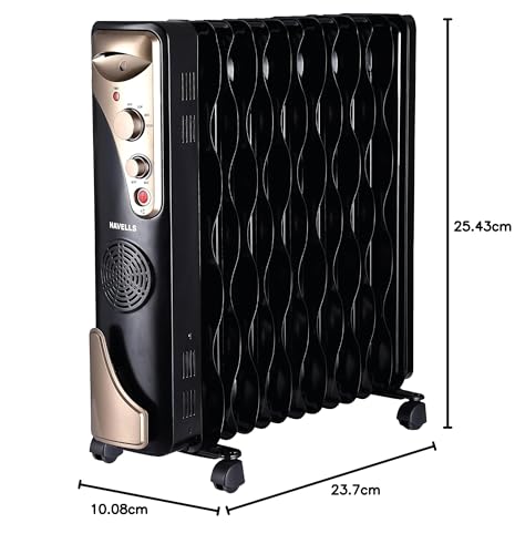 Havells Hestio 15 Straight Fin OFR (Oil Filled Radiator)|Room Heater|2900 W|3 Heat Settings & PTC Fan Heater|Inclined Control Panel|Retractable Wheels| Comfortable Breathing|360° Heating (Black)