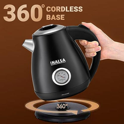 INALSA Premium English Finish Electric kettle|Analogue Temperature Display|2 Yr Warranty|Non Toxic SS Inner Body|Detachable Mesh Filter with Safety Cap (Callisto)