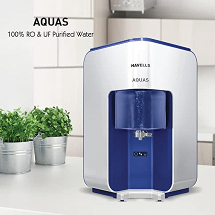 Havells AQUAS Water Purifier (White and Blue), RO+UF, Copper+Zinc+Minerals, 5 stage Purification, 7L Tank, Suitable for Borwell, Tanker & Municipal Water 