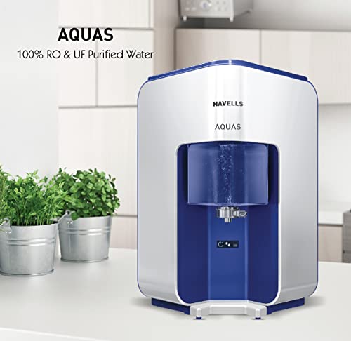 Havells AQUAS Water Purifier (White and Blue), RO+UF, Copper+Zinc+Minerals, 5 stage Purification, 7L Tank, Suitable for Borwell, Tanker & Municipal Water 