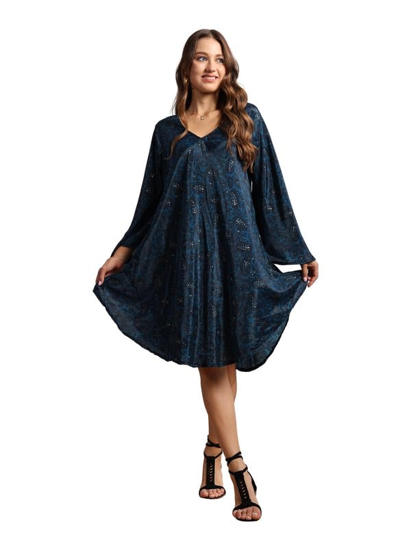 KE KANHA EXPORTS Short Dress for Women's & Girls Unique Border Design & Tassel, Adjustable Drawstring, Stretchable, Free Size,fit Flared Floral Print V-Neck Western Dresses All Seasons