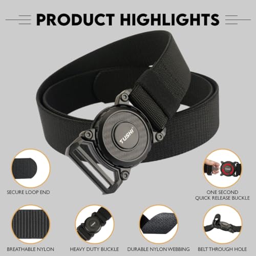 TUSHI Rotating Buckle Tactical Belt, Military Work 1.5" Nylon Web Hiking Quick Release Belt with Heavy Duty Seatbelt Buckle