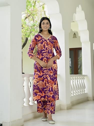 ANNI DESIGNER Women's Rayon Blend Printed Straight Kurta with Palazzo