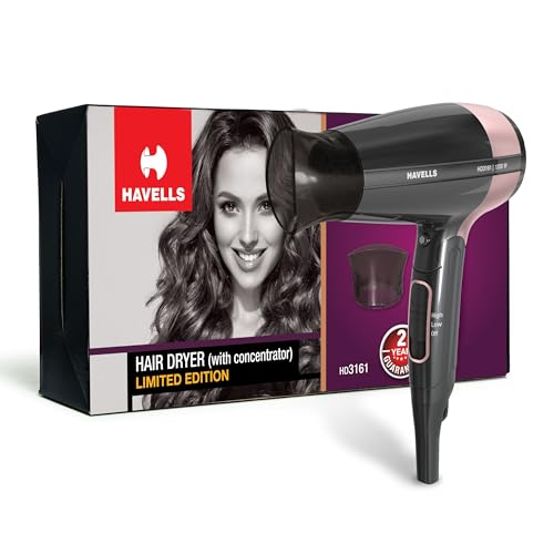 Havells HD4081 Professional Volumizer Hair Dryer, KeraNourish Ceramic Coating Brush Head, 1200 Watts, Ionic Care, Nylon Bristles,Cool Tip with Stand Support