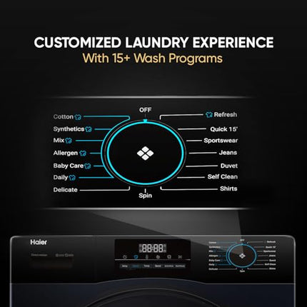 Haier 9 Kg 5 Star Direct Motion Motor AI DBT Technology Fully-Automatic Front Load Washing Machine with In-Built Heater (EFL90-DM14IBIEBK, Super Drum 525, PuriSteam, Black) 