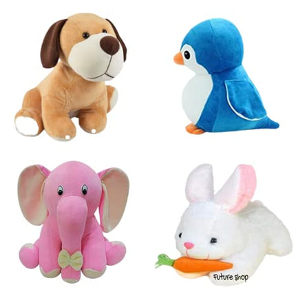 Future Shop Pack of 4 Elegant Soft Toys Combo Set Appu Elephant (25 cm), Penguin(20 cm), White Rabbit(28 cm), Setting Dog Mini (25cm) for Kids