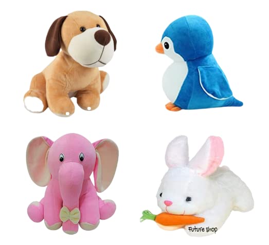 Future Shop Pack of 4 Elegant Soft Toys Combo Set Appu Elephant (25 cm), Penguin(20 cm), White Rabbit(28 cm), Setting Dog Mini (25cm) for Kids