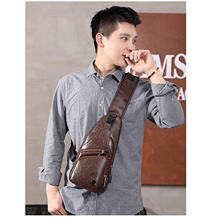 Elios Men's PU Leather Multipurpose Daypack Shoulder Sling Bag Chest Crossbody Shoulder Chest Travel Bag with USB Charging Port Black