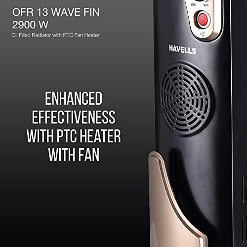 Havells Hestio 15 Straight Fin OFR (Oil Filled Radiator)|Room Heater|2900 W|3 Heat Settings & PTC Fan Heater|Inclined Control Panel|Retractable Wheels| Comfortable Breathing|360° Heating (Black)