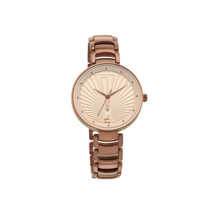 Fastrack Ruffles Quartz Analog with Date Beige Dial Stainless Steel Strap Watch for Girls-NS6216QM01