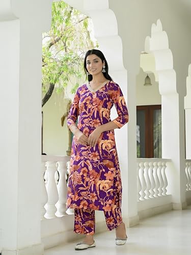 ANNI DESIGNER Women's Rayon Blend Printed Straight Kurta with Palazzo