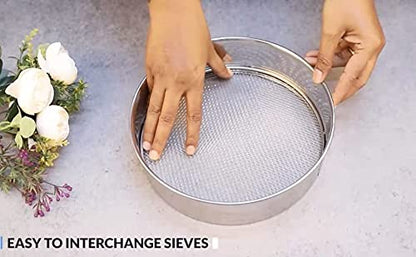 4 in 1 Stainless Steel Interchangeable Sieve Set of 5 Flour Chalni Spices Food Strainers Atta Chalni Jaali Channi Atta Maida Strainer Silver