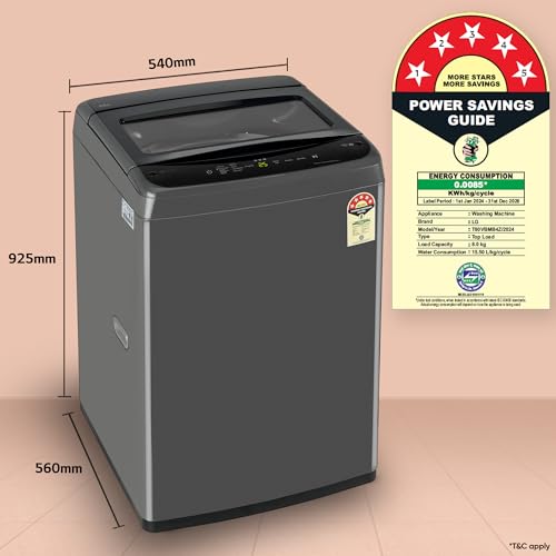 LG 8 Kg 5 Star Smart Inverter Technology Fully Automatic Top Load Washing Machine (2025 Model, T80VBMB4Z, Turbodrum, Auto Prewash, Stainless Steel drum, LED Display, Smart Diagnosis, Middle Black)