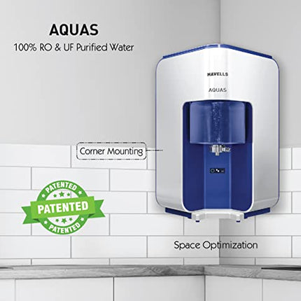 Havells AQUAS Water Purifier (White and Blue), RO+UF, Copper+Zinc+Minerals, 5 stage Purification, 7L Tank, Suitable for Borwell, Tanker & Municipal Water 