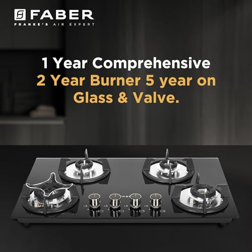 Faber Hob 4 Burner | Auto-Ignition | Spillage Proof | HOB SUPERIA HT764 BR AI | Concealed Chamber | Metal Knobs | Pan Support | Black Glass Finish |5 Yr Warranty on Burner & Glass | 1 Yr comprehensive