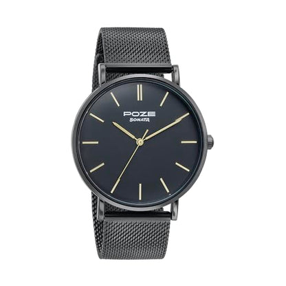 Sonata Poze Quartz Black Dial Black Metal Strap for Men-SP70034NM01W