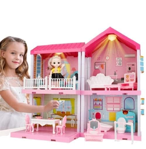 Doll House for Kids Girls | 108 Pcs Pretend Role Play Family Home Toy Set | Doll House Play Set with Double Sided House, Furniture & Accessories Multicolor