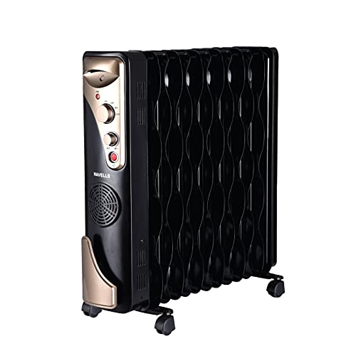 Havells Hestio 15 Straight Fin OFR (Oil Filled Radiator)|Room Heater|2900 W|3 Heat Settings & PTC Fan Heater|Inclined Control Panel|Retractable Wheels| Comfortable Breathing|360° Heating (Black)