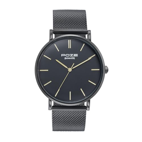 Sonata Poze Quartz Black Dial Black Metal Strap for Men-SP70034NM01W