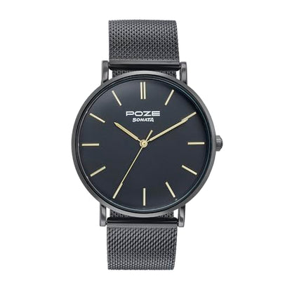 Sonata Poze Quartz Black Dial Black Metal Strap for Men-SP70034NM01W