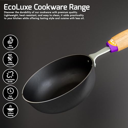 The Earth Store EcoLuxe Iron Tadka Pan/Fry Pan with Wooden Handle for Kitchen 11 Cm Diameter Gas Oven Compatible, Black