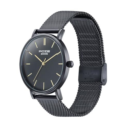 Sonata Poze Quartz Black Dial Black Metal Strap for Men-SP70034NM01W