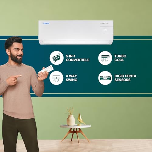 Blue Star 1 Ton 5 Star,60 Months Warranty, Inverter Split AC (Copper,Convertible 5 in 1 Cooling, Multi Sensors, Blue Fins, Self Diagnosis, 2024 Model, IC512YNUR, White) 