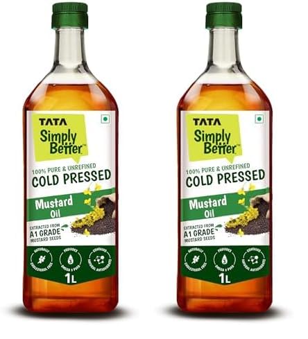 Tata Simply Better Pure & Unrefined Cold Pressed Mustard Oil,Naturally Cholesterol Free, 1L, Rich Aroma & Flavour of Real Mustard Seeds, A1 Grade Mustard Seeds