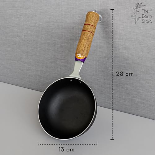 The Earth Store EcoLuxe Iron Tadka Pan/Fry Pan with Wooden Handle for Kitchen 11 Cm Diameter Gas Oven Compatible, Black