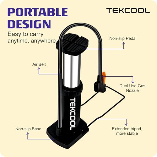 TEKCOOL Bicycle Foot Pump, Manual Air Pump for Bike, Cycle, Football, Basketball, Air Mattress, Multicolour, 449g, Plastic, Includes Multiple Valve Adapters 