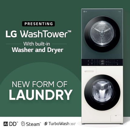 LG WashTower 13 Kg /10 Kg with AI Direct Drive & DUAL Inverter Heat Pump, Fully Automatic Front Load Washing Machine and Dryer (FWT1310BG) with Wi Fi & Central Control Panel Natural Beige & Green 