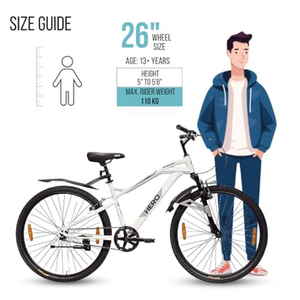 Hero Spinner 26 T Single Speed Cycle | MTB | White | Front Suspension | Unisex | Single Speed | 95% Assembled Cycle(Ready to Ride in 5 Min) 