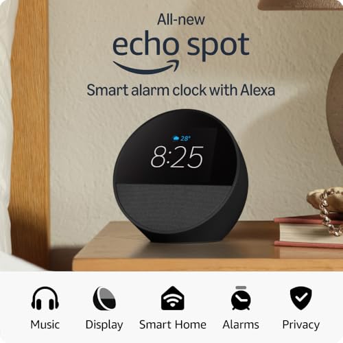 All-new Echo Spot, Smart alarm clock with vibrant sound, Alexa and Bluetooth | Black 