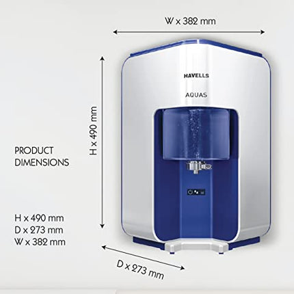 Havells AQUAS Water Purifier (White and Blue), RO+UF, Copper+Zinc+Minerals, 5 stage Purification, 7L Tank, Suitable for Borwell, Tanker & Municipal Water 