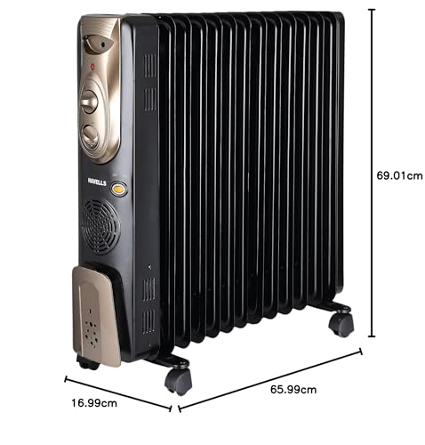 Havells 13 Fin Hestio Wave Fin OFR (Oil Filled Radiator)|Room Heater|2900 W|3 Heat Settings & PTC Fan Heater|Inclined Control Panel|Retractable Wheels| Comfortable Breathing|360° Heating (Black)