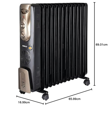 Havells 13 Fin Hestio Wave Fin OFR (Oil Filled Radiator)|Room Heater|2900 W|3 Heat Settings & PTC Fan Heater|Inclined Control Panel|Retractable Wheels| Comfortable Breathing|360° Heating (Black)