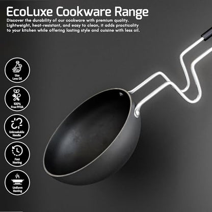 The Earth Store EcoLuxe Iron Tadka Pan/Fry Pan with Wooden Handle for Kitchen 11 Cm Diameter Gas Oven Compatible, Black