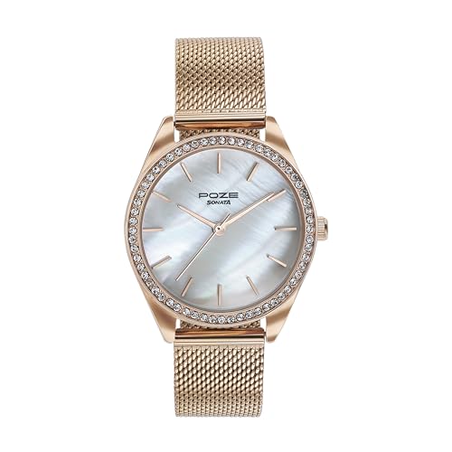 Sonata Poze Quartz White MOP Dial Rose Gold Metal Strap for Women-SP80078WM01WF