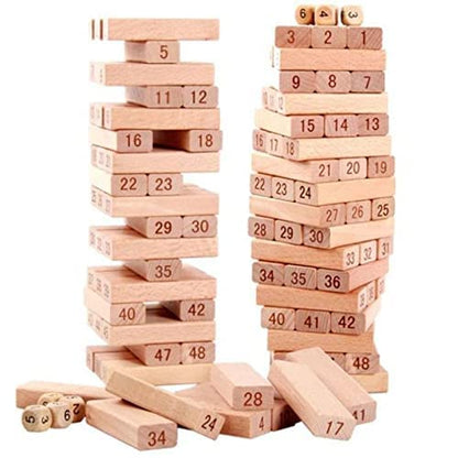 PRIME DEALS Wooden Blocks 51 Pcs 4 Dice Building Blocks Game Challenging Wooden Tumbling Tower, Wooden Stacking Toys with Dices Board Educational Puzzle Game for Adults and Kids (Wooden)