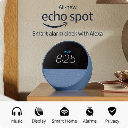 All-new Echo Spot, Smart alarm clock with vibrant sound, Alexa and Bluetooth | Blue