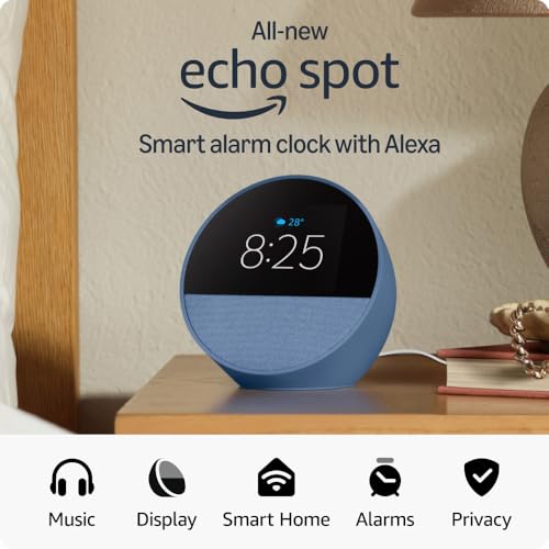 All-new Echo Spot, Smart alarm clock with vibrant sound, Alexa and Bluetooth | Blue 