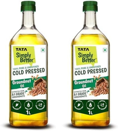 Tata Simply Better Pure & Unrefined Cold Pressed Groundnut (Peanut) Oil,Kolhu/Kacchi Ghani/Mara Chekku/Ganuga,Naturally Cholesterol Free,1L,Groundnut Oil Rich Aroma & Flavour Of Real Groundnuts