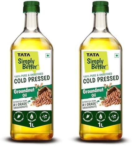 Tata Simply Better Pure & Unrefined Cold Pressed Groundnut (Peanut) Oil,Kolhu/Kacchi Ghani/Mara Chekku/Ganuga,Naturally Cholesterol Free,1L,Groundnut Oil Rich Aroma & Flavour Of Real Groundnuts