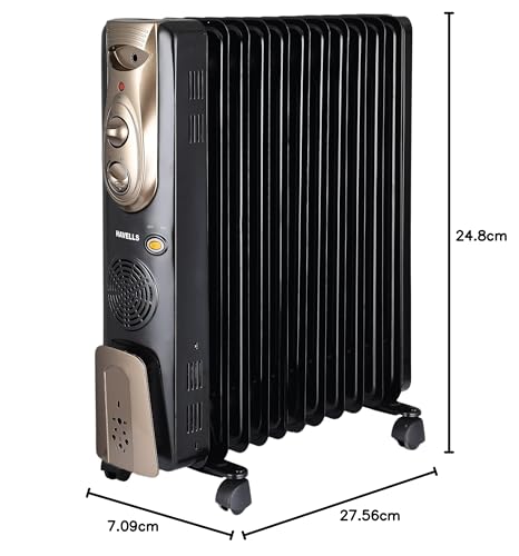 Havells 11 Fin Hestio Straight Fin OFR (Oil Filled Radiator)|Room Heater|2900 W|3 Heat Settings & PTC Fan Heater|Inclined Control Panel|Retractable Wheels| Comfortable Breathing|360° Heating (Black)