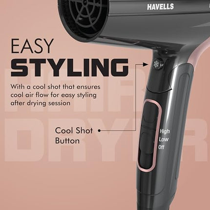 Havells 1200W Foldable Hair Dryer; 3 Heat Settings With Cool Shot (Hot/Cool/Warm),Heat Balance Technology|Cool Black|Your Perfect Blow Dry Companion For Effortless Hair Styling|Hd3161-1200 Watts 