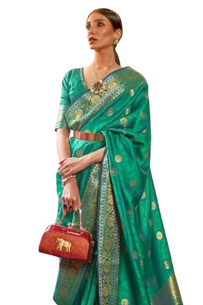 SWORNOF Womens Kanjivaram Silk Saree with Zari Woven Saree With Blouse Piece