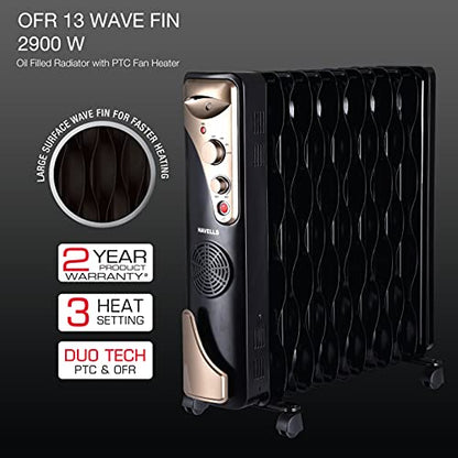 Havells Hestio 15 Straight Fin OFR (Oil Filled Radiator)|Room Heater|2900 W|3 Heat Settings & PTC Fan Heater|Inclined Control Panel|Retractable Wheels| Comfortable Breathing|360° Heating (Black)