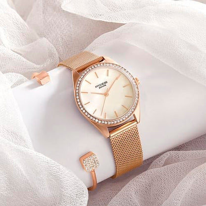 Sonata Poze Quartz White MOP Dial Rose Gold Metal Strap for Women-SP80078WM01WF