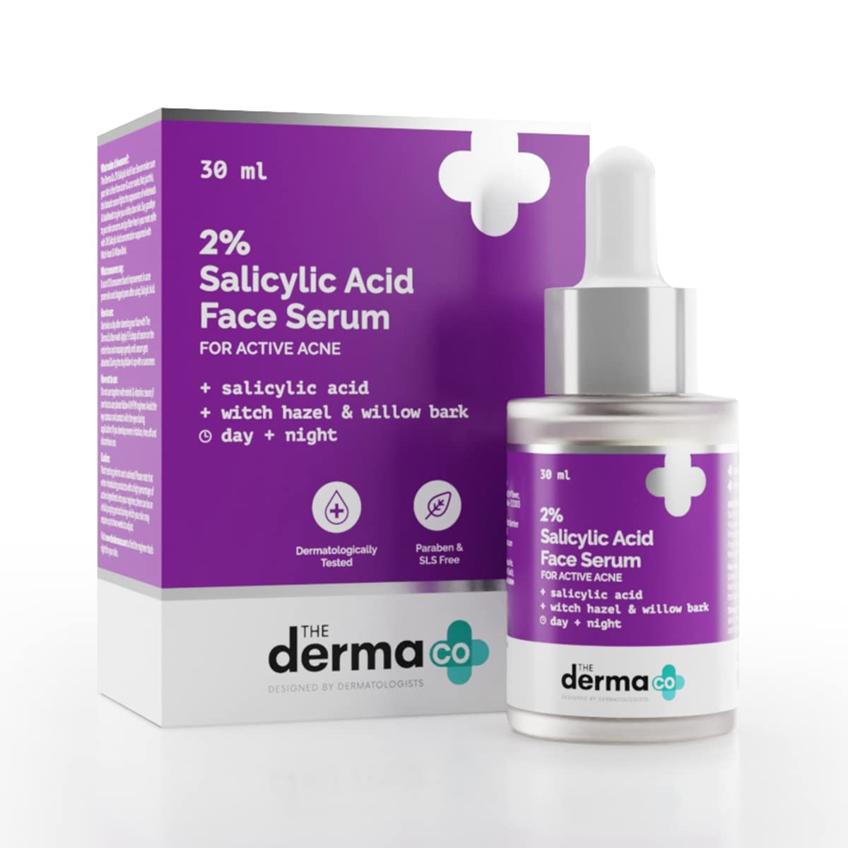 The Derma Co 2% Salicylic Acid Face Serum | Witch Hazel & Willow Bark | For Active Acne I Controls Sebum Production & Prevents Skin Damage I BHA Based Exfoliant for Acne Prone & Oily Skin | 30ml